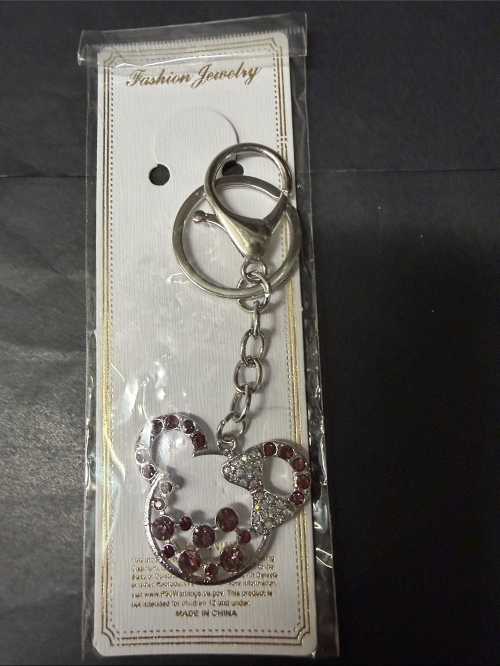 Silver Keychain Charm with Pink Rhinestones